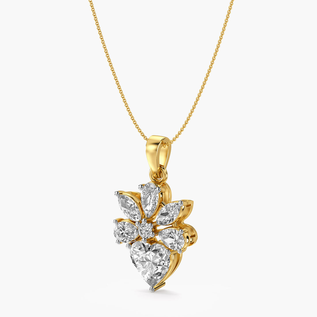 Floral Heart Diamond Pendant - 3D View in Yellow Gold - Heart Diamond Pendant by Moena