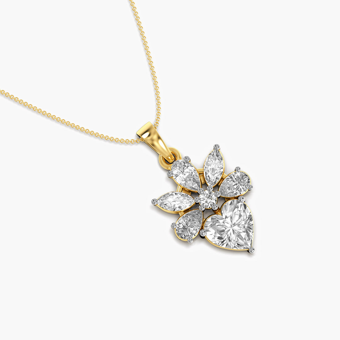 Floral Heart Diamond Pendant - Top View in Yellow Gold - Heart Diamond Pendant by Moena