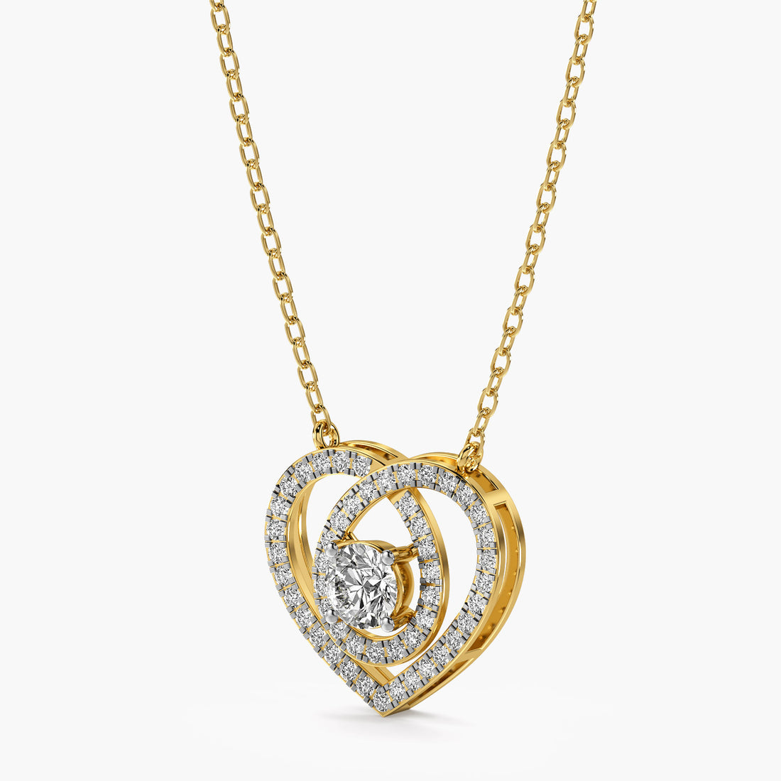 Double Heart Diamond Pendant - 3D View in Yellow Gold - Heart Diamond Pendant by Moena
