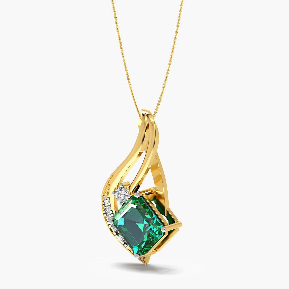 Emerald and Lab-Grown Diamond Pendant - 3D View in Yellow Gold - Emerald Diamond Pendant by Moena