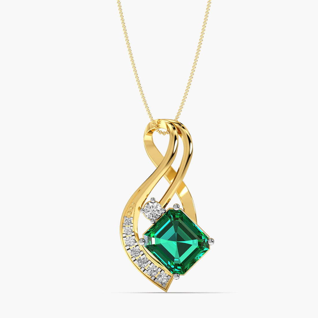 Emerald and Lab-Grown Diamond Pendant - Front View in Yellow Gold - Emerald Diamond Pendant by Moena