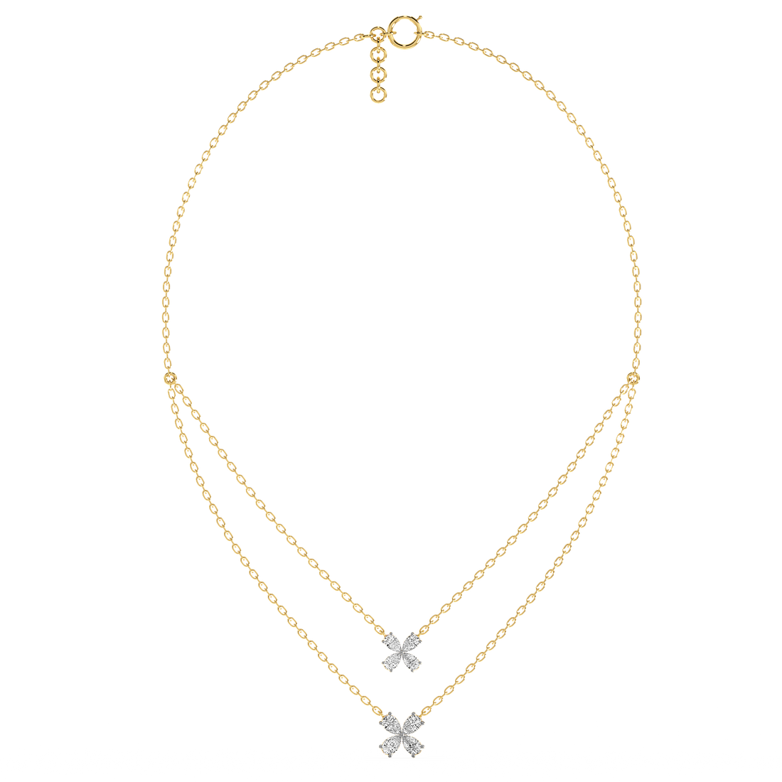 Twin Bloom Necklace (With Chain) - Front View in Yellow Gold - Diamond Pendant by Moena