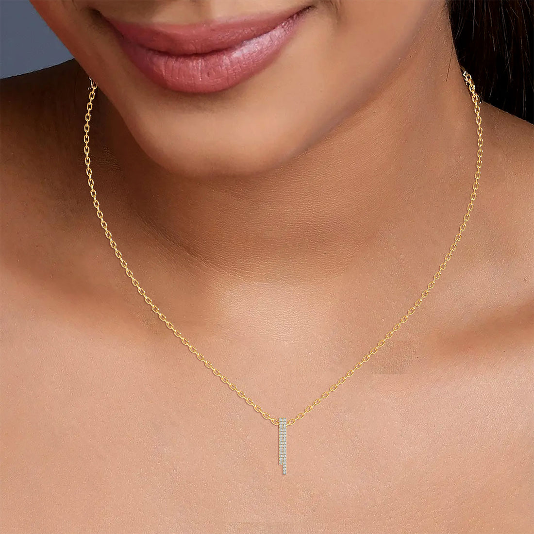 Sleek Diamond Bar Pendant - Model View in Yellow Gold - Diamond Pendant by Moena