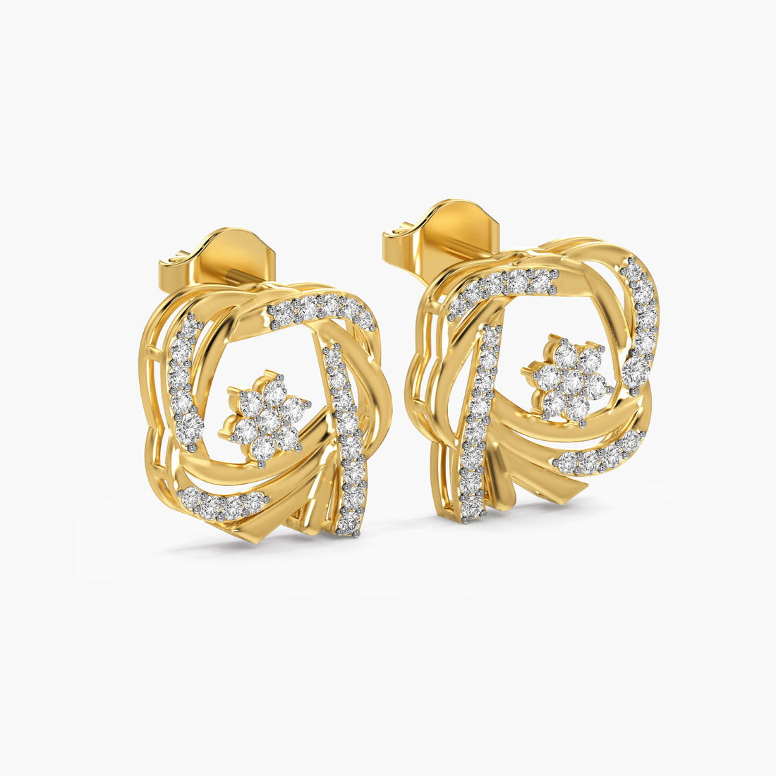 Bloom Knot Studs - 3D View in Yellow Gold - Diamond Stud by Moena