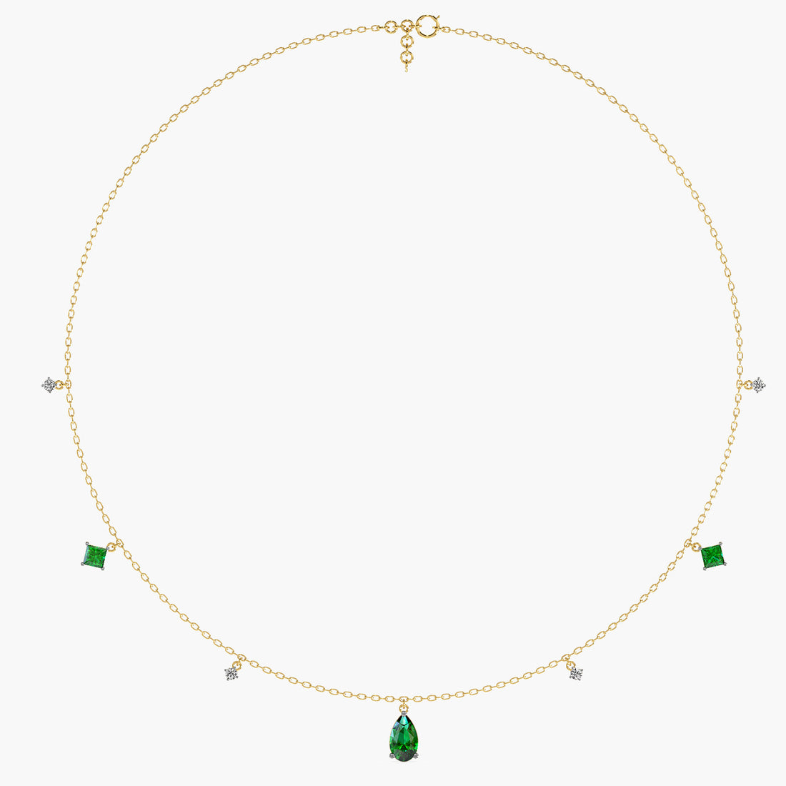 Emerald Charms Necklace (With chain) - Front View in Yellow Gold - Emerald Diamond Pendant by Moena