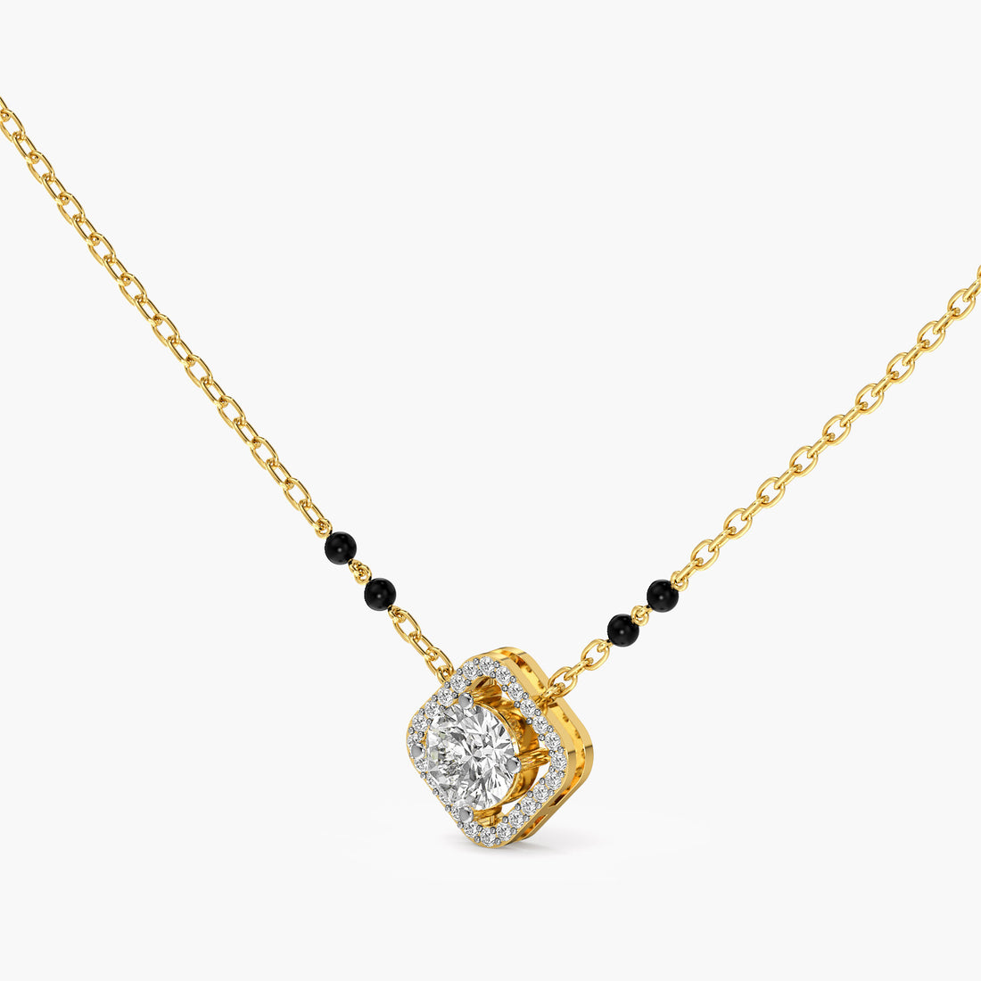 Square Halo Mangalsutra - 3D View in Yellow Gold - Diamond Pendant by Moena