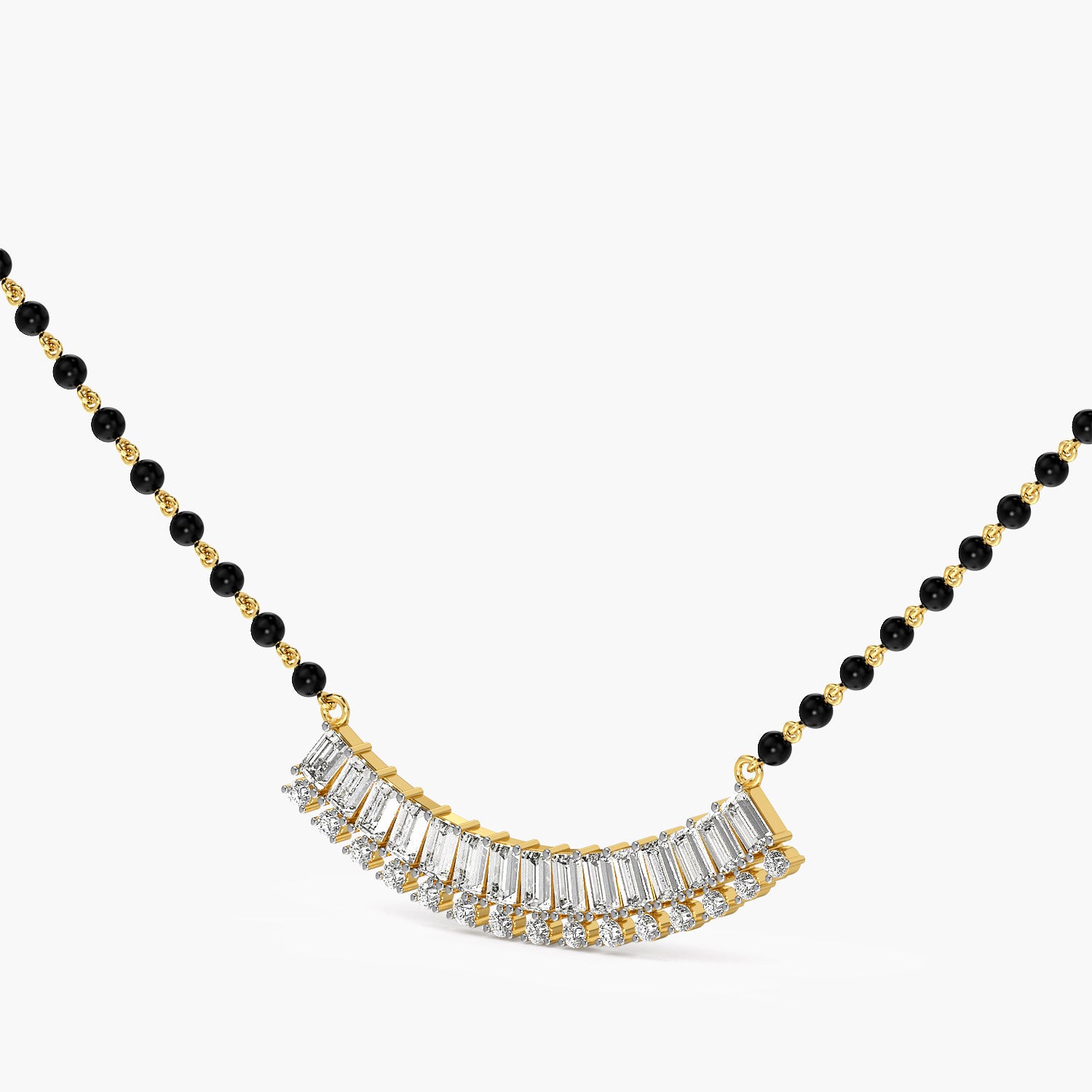 Baguette Fan Mangalsutra - 3D View in Yellow Gold - Baguette Diamond Pendant by Moena