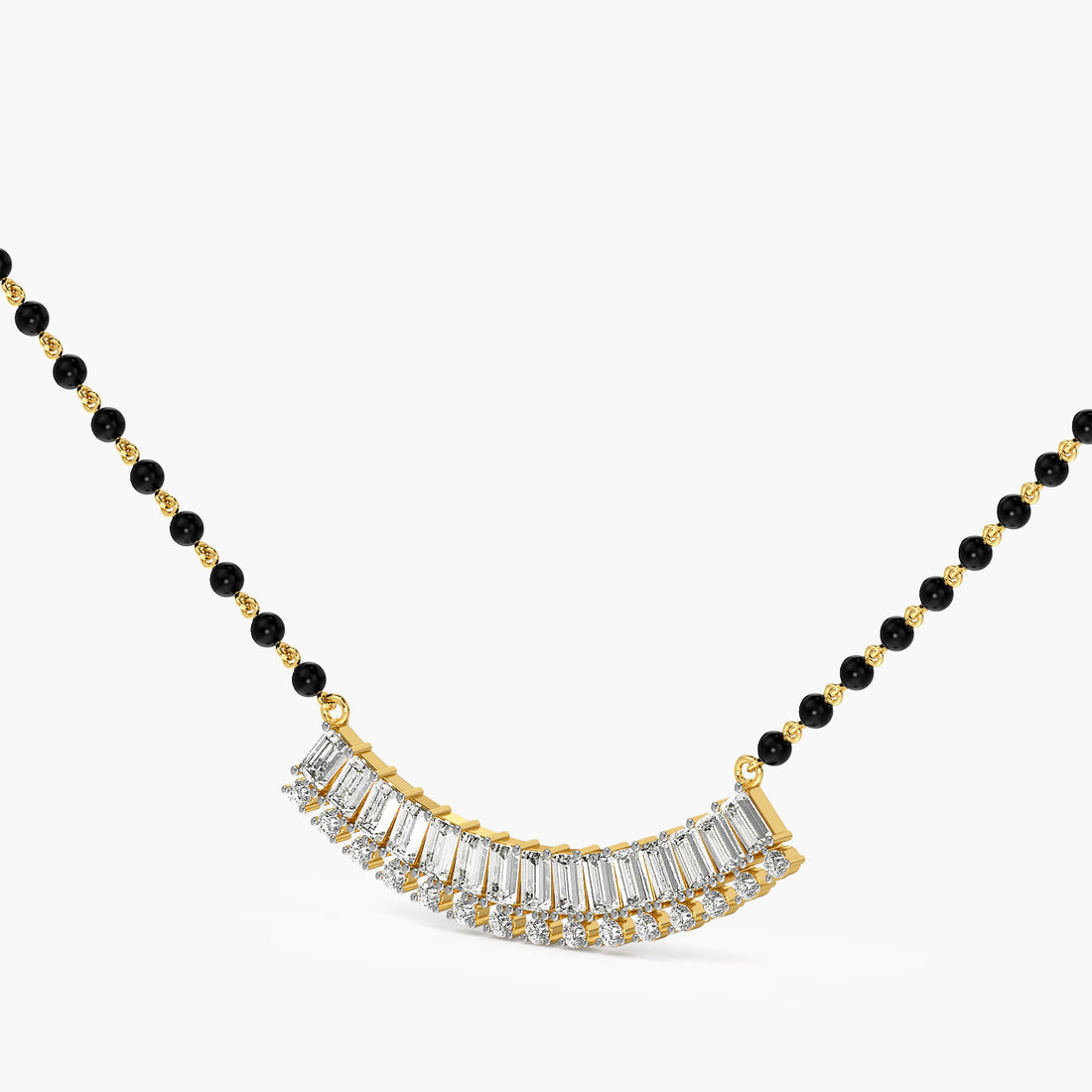 Baguette Fan Mangalsutra - 3D View in Yellow Gold - Baguette Diamond Pendant by Moena