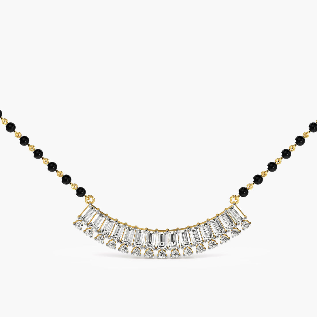 Baguette Fan Mangalsutra - Front View in Yellow Gold - Baguette Diamond Pendant by Moena