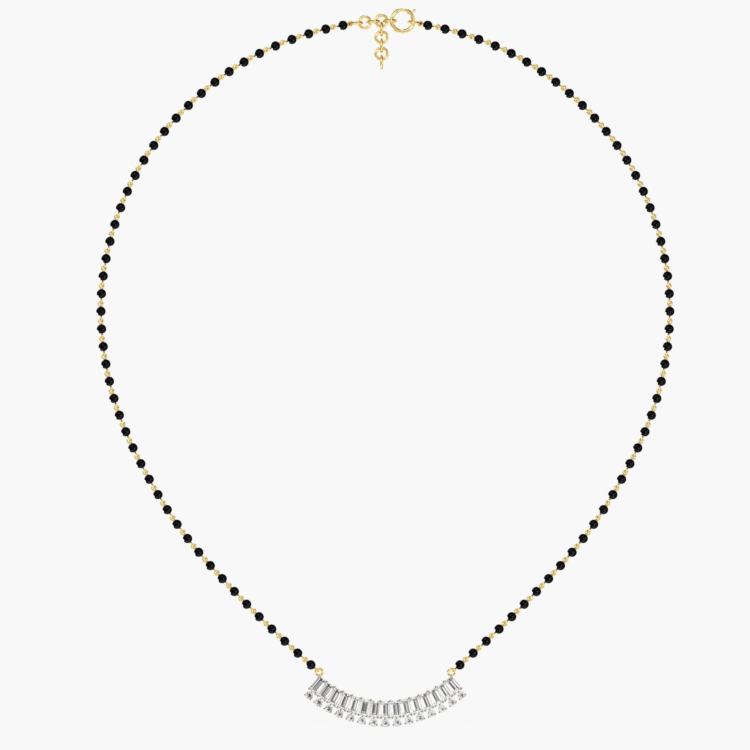 Baguette Fan Mangalsutra - Full View in Yellow Gold - Baguette Diamond Pendant by Moena