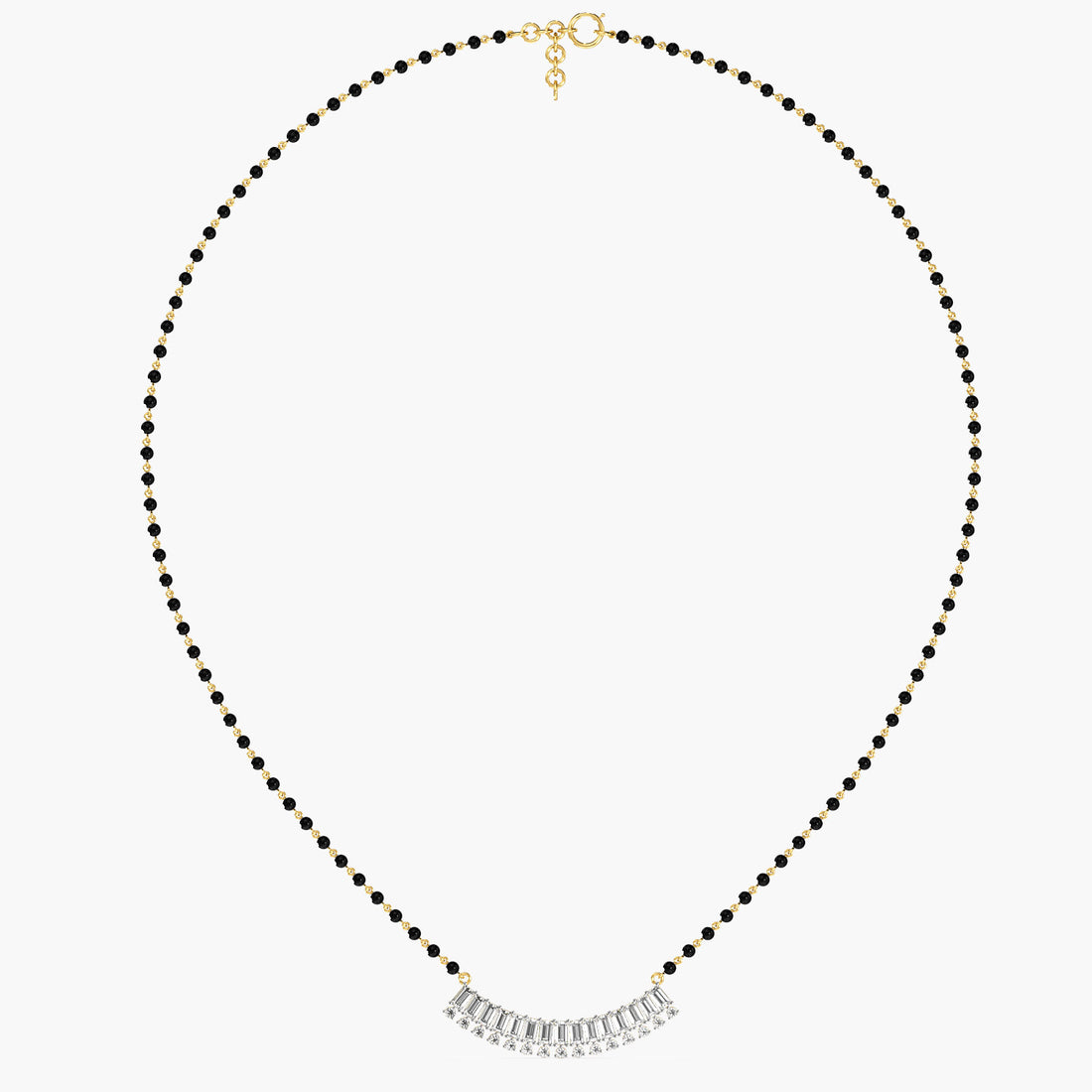 Baguette Fan Mangalsutra - Full View in Yellow Gold - Baguette Diamond Pendant by Moena