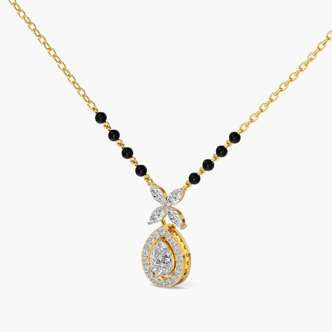 Floral Teardrop Mangalsutra - 3D View in Yellow Gold - Diamond Pendant by Moena