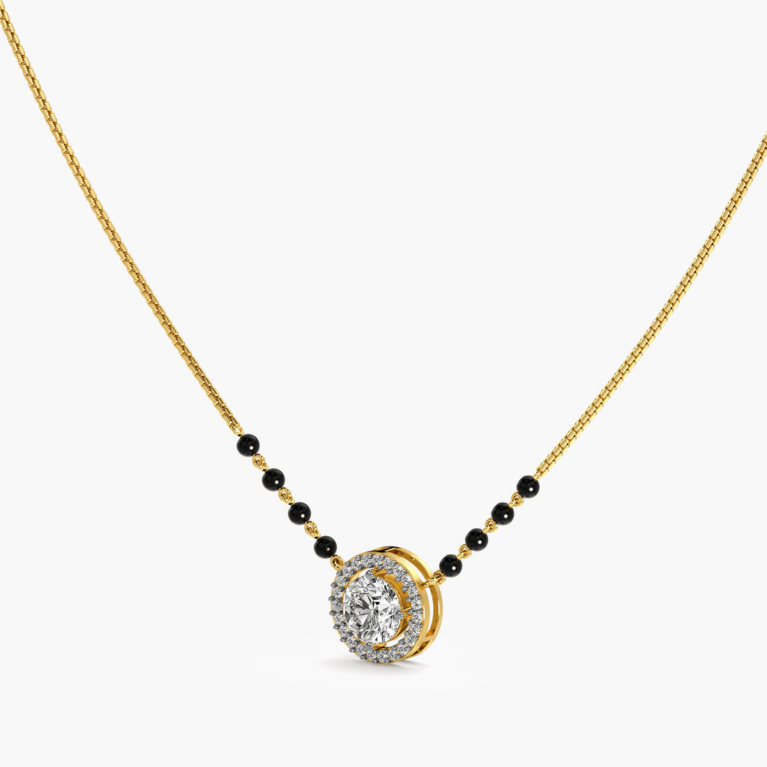 Classic Halo Mangalsutra Set (With chain) - 3D View in Yellow Gold - Diamond Pendant by Moena