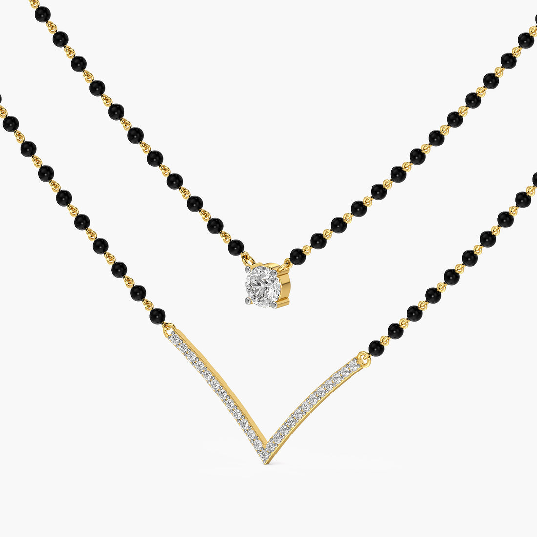 Layered V Solitaire Mangalsutra - 3D View in Yellow Gold - Diamond Pendant by Moena