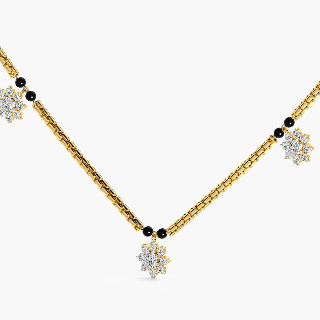 Bold Link Floral Mangalsutra - 3D View in Yellow Gold - Diamond Pendant by Moena