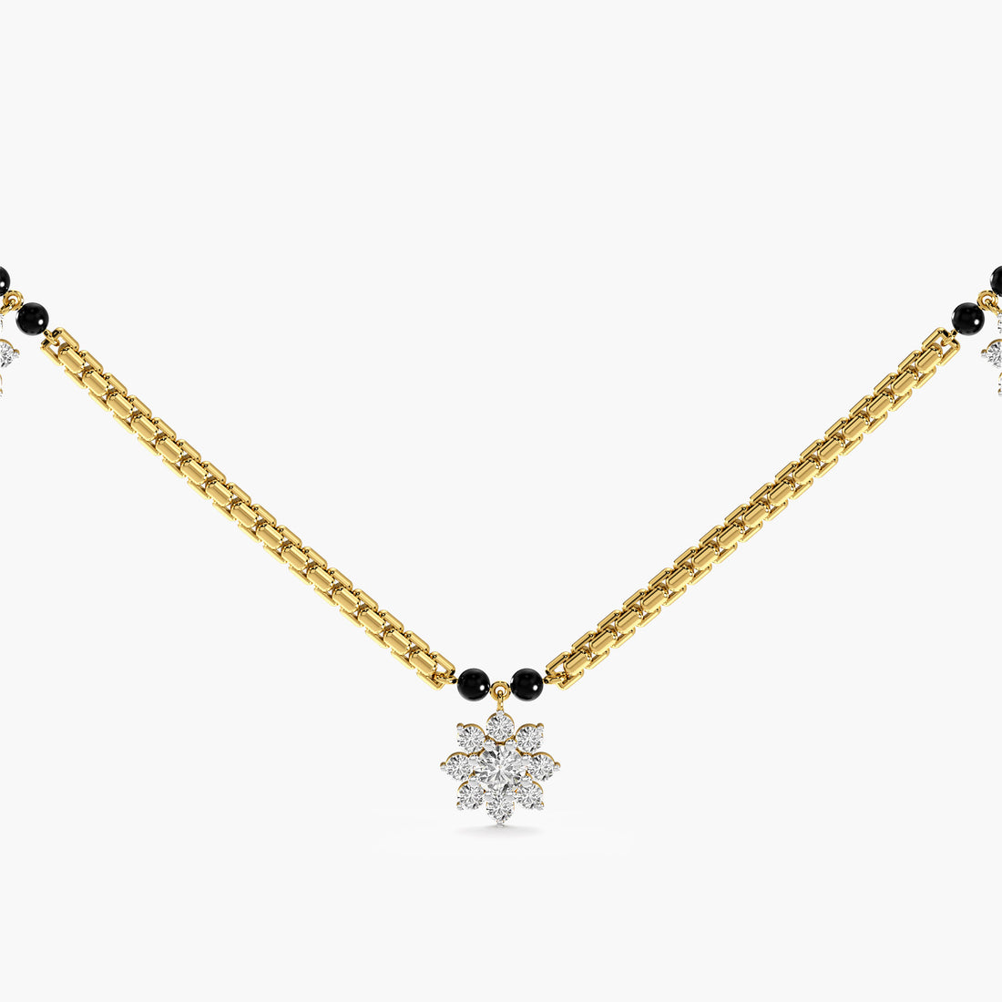 Bold Link Floral Mangalsutra - Front View in Yellow Gold - Diamond Pendant by Moena