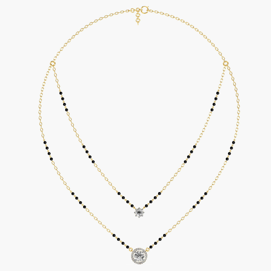 Halo & Solitaire Mangalsutra Set - Full View in Yellow Gold - Diamond Pendant by Moena