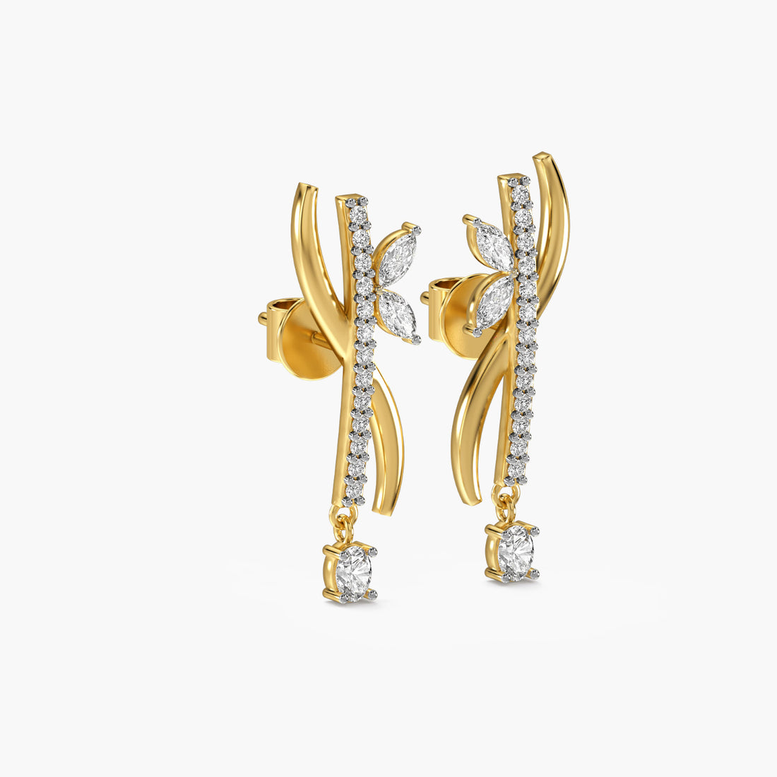 Petal Grace Danglers - 3D View in Yellow Gold - Diamond Jewellery by Moena
