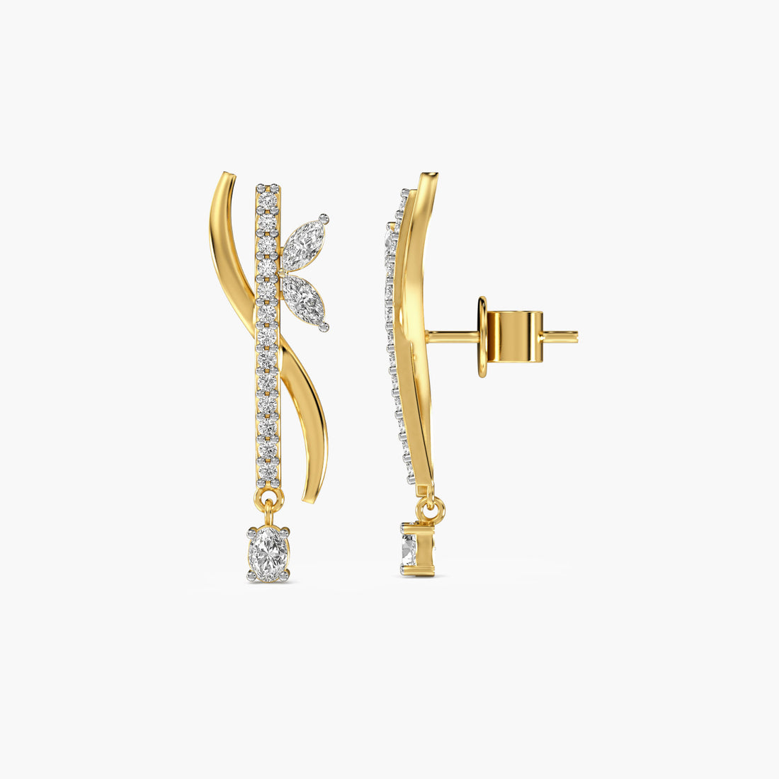 Petal Grace Danglers - Side View in Yellow Gold - Diamond Jewellery by Moena