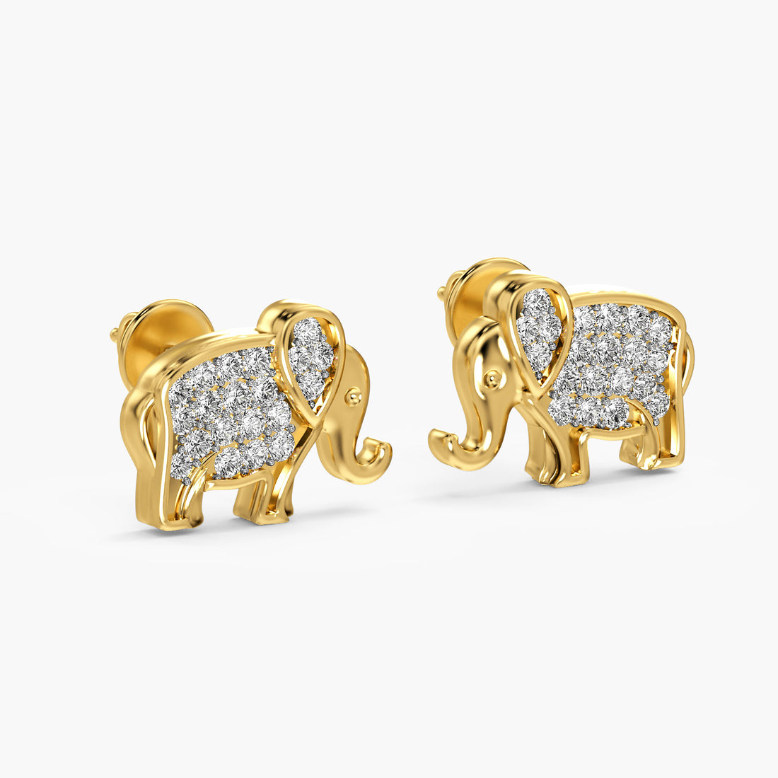 Elephant Motif Lab-Grown Diamond Earrings - 3D View in Yellow Gold - Diamond Earring by Moena