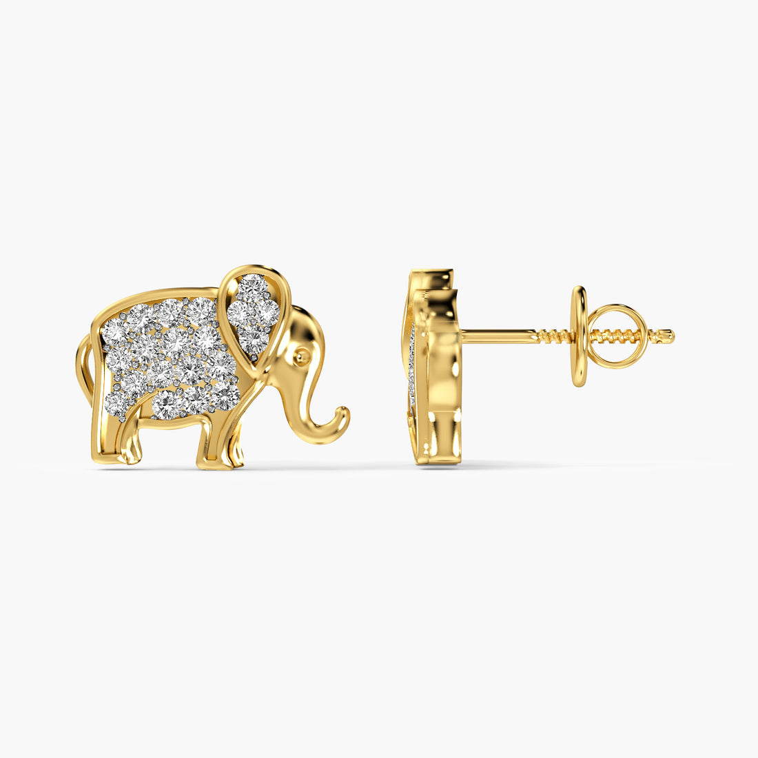 Elephant Motif Lab-Grown Diamond Earrings - Side View in Yellow Gold - Diamond Earring by Moena