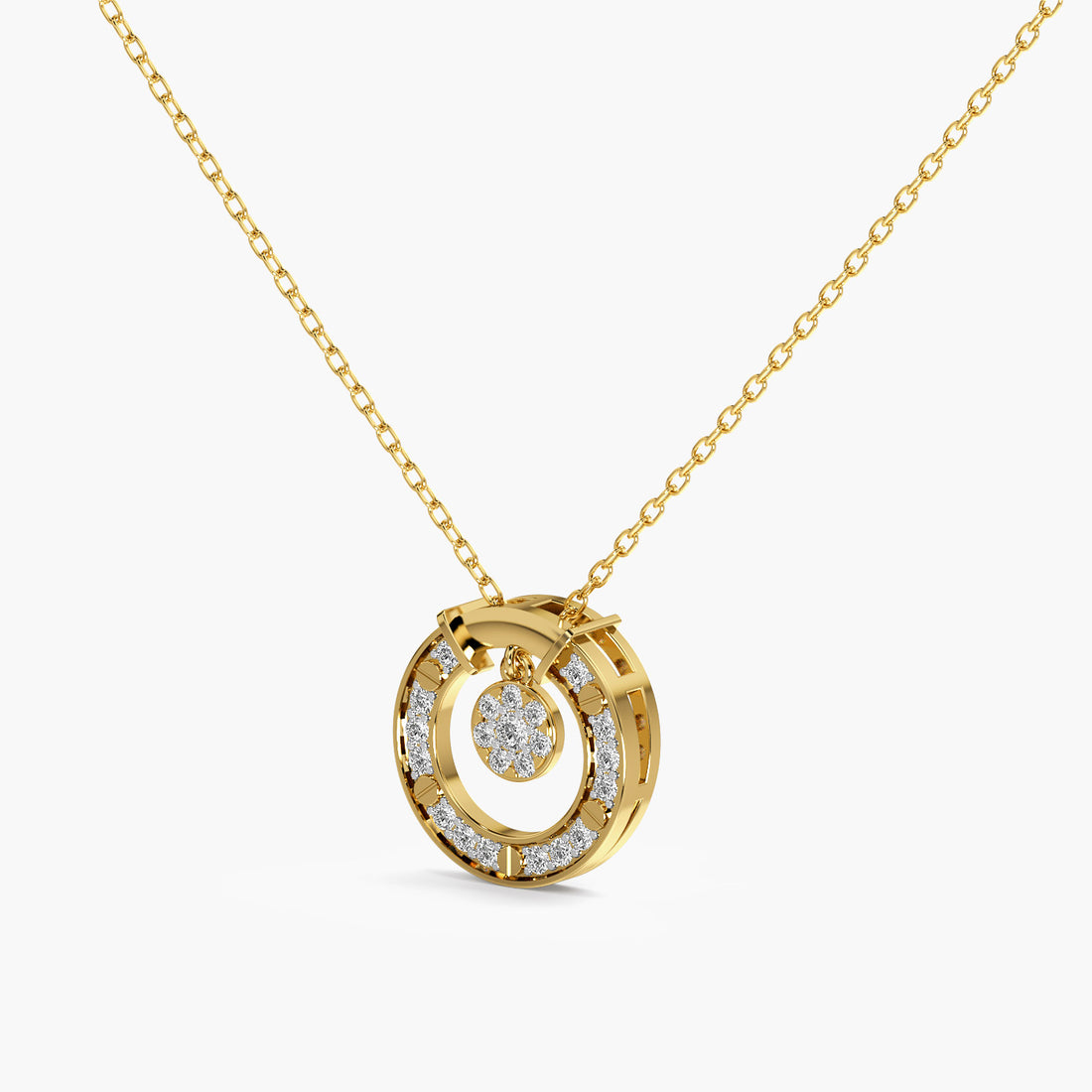 Sparkling Circle Pendant Necklace(With Chain) - 3D View in Yellow Gold - Diamond Pendant by Moena