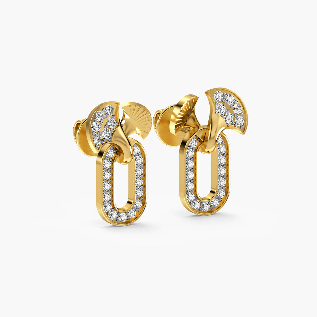 Fan Link Drop Earrings - 3D View in Yellow Gold - Diamond Earring by Moena