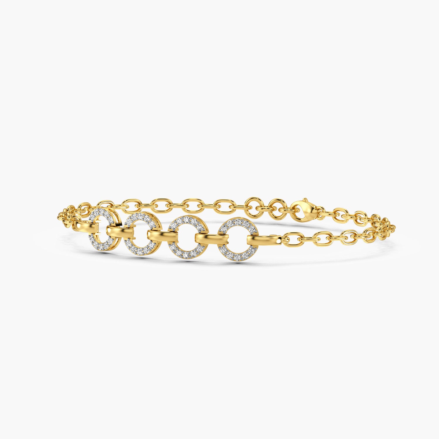 A bold yellow gold bracelet featuring interlocking circular links adorned with lab grown diamonds. A sustainable statement piece with timeless allure.Perfect for luxury gifitng.