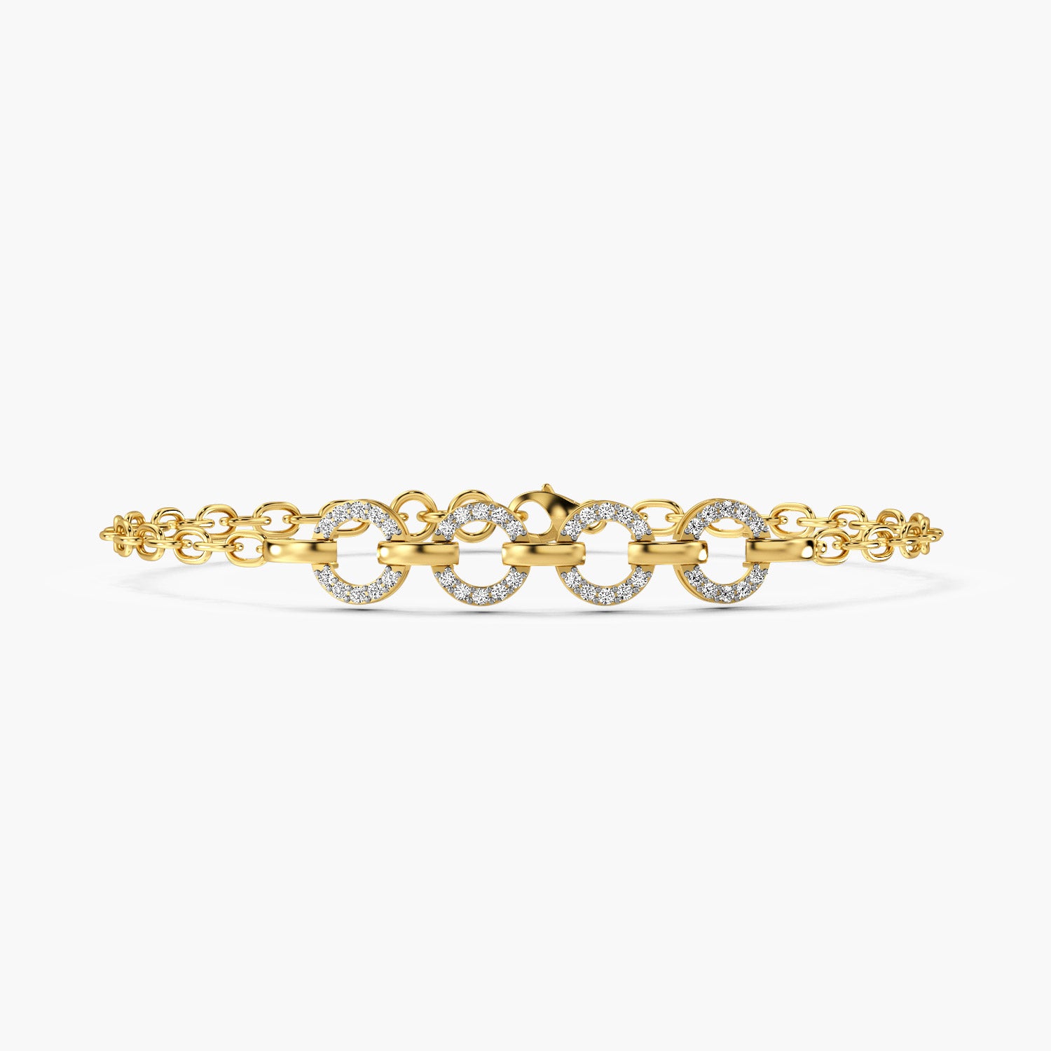 A bold yellow gold bracelet featuring interlocking circular links adorned with lab grown diamonds. A sustainable statement piece with timeless allure.Perfect for luxury gifitng.