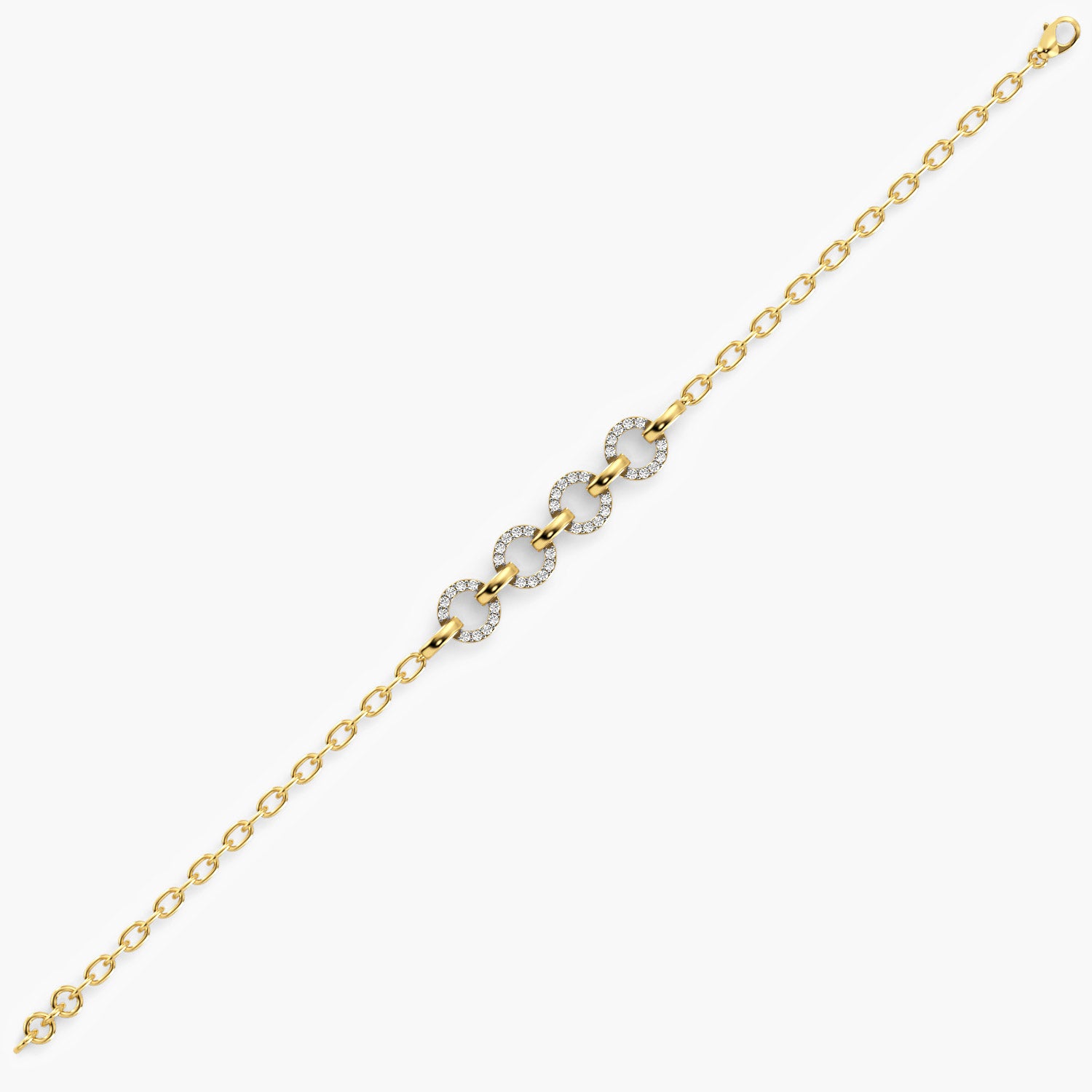 A bold yellow gold bracelet featuring interlocking circular links adorned with lab grown diamonds. A sustainable statement piece with timeless allure.Perfect for luxury gifitng.