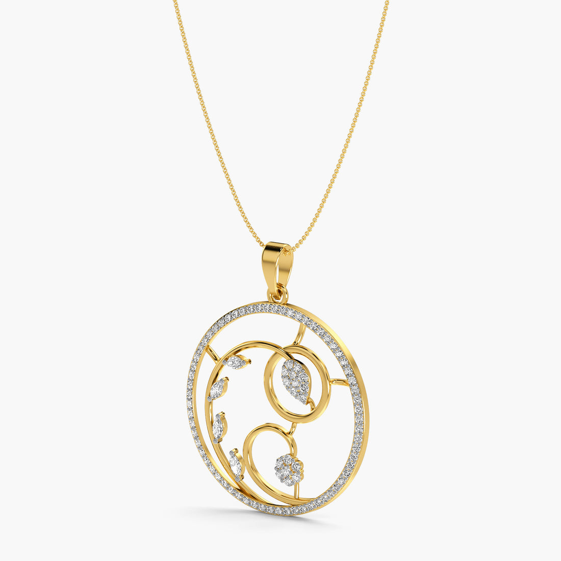 Whispering Leaves Pendant - 3D View in Yellow Gold - Diamond Pendant by Moena