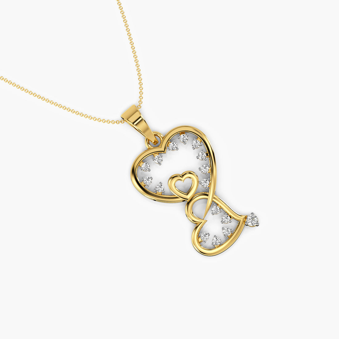 Intertwined Hearts Pendant - 3D View in Yellow Gold - Diamond Pendant by Moena